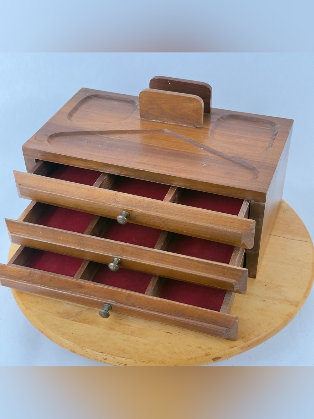 Mid Century Walnut Wood Desk Organizer Jewelry Desk Valet Box w Drawers Catchall